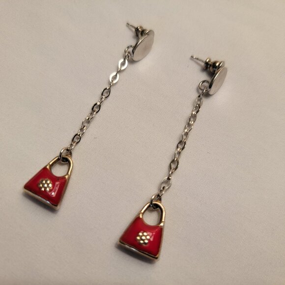 Red Earrings Drop Dangle Silver Red Handbag Elegant - Picture 5 of 5